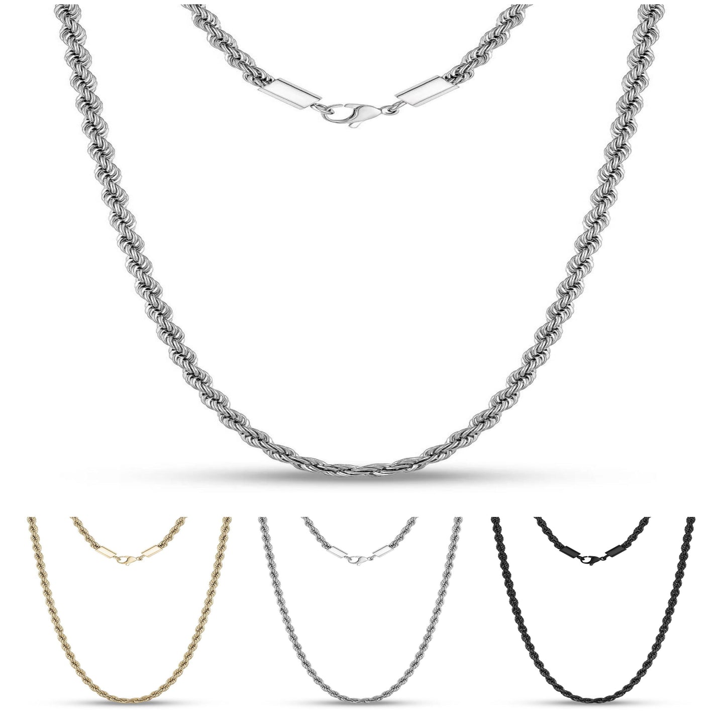 Stainless Steel Black, Gold, Silver 2-5mm & 16-26" Mens Twisted Knot Chain Necklace