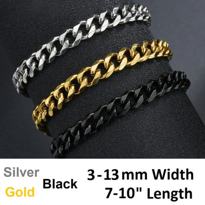 Gold, Silver, Black Mens Stainless Steel Cuban Bracelet 316L Curb Link Chain 18-25cm