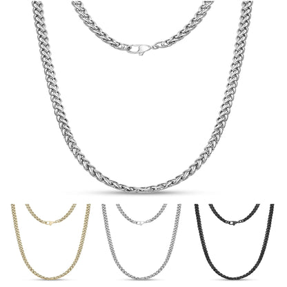 Stainless Steel Black, Gold, Silver 3-8mm & 16-26" Mens Twist Rope Wheat Chain Necklace