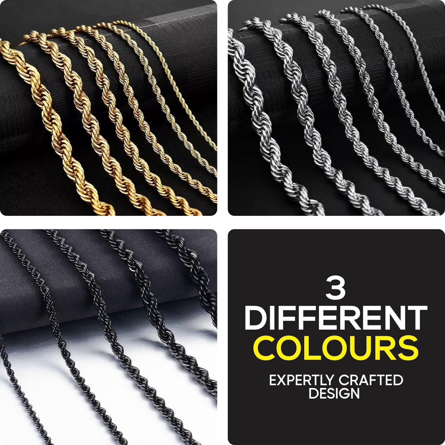 Stainless Steel Black, Gold, Silver 2-5mm & 16-26" Mens Twisted Knot Chain Necklace