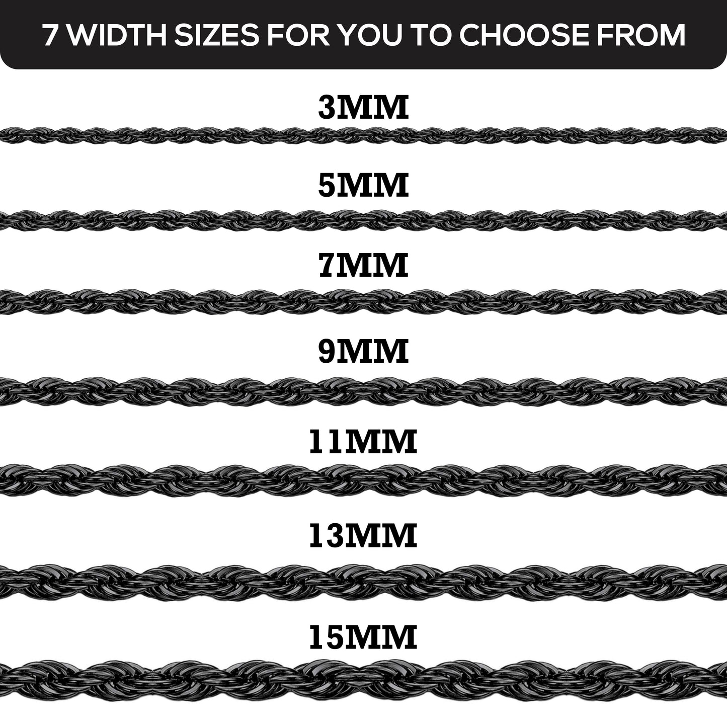 Stainless Steel Black, Gold, Silver 2-5mm & 16-26" Mens Twisted Knot Chain Necklace