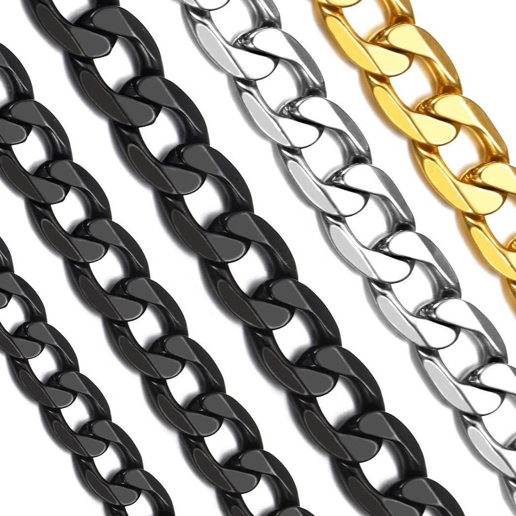 Gold, Silver, Black Mens Stainless Steel Cuban Bracelet 316L Curb Link Chain 18-25cm