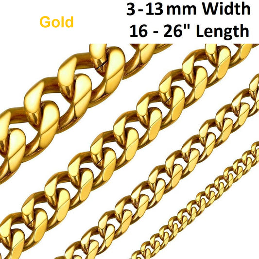 Collar de cadena para hombre de acero inoxidable dorado 316L, 3-13mm, 16-26 ", regalo para hombre