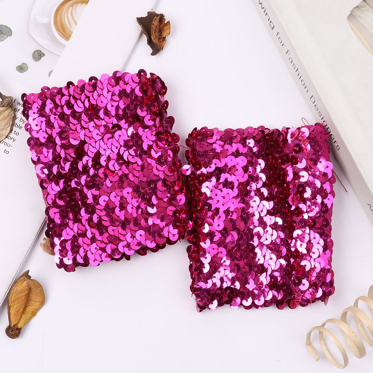 Pair Of Sequin Elastic Stretch Wide Wristband Cuffs Strap 10cm Long