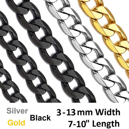 Gold, Silver, Black Mens Stainless Steel Cuban Bracelet 316L Curb Link Chain 18-25cm