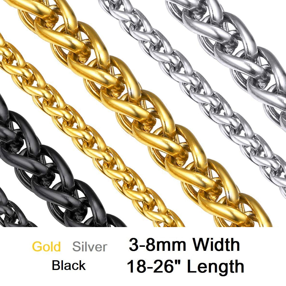 Edelstahl Schwarz, Gold, Silber 3–8 mm und 16–26 Zoll Herren-Halskette mit gedrehtem Seil und Weizenkette