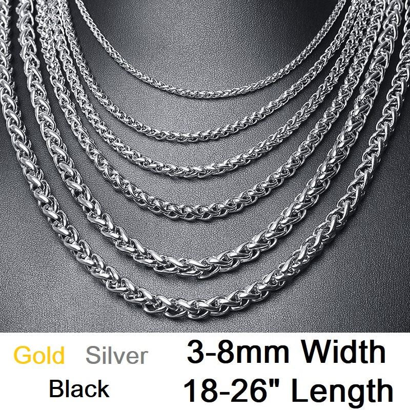 Collar de cadena de trigo con cuerda torcida para hombre de acero inoxidable negro, dorado, plateado de 3 a 8 mm y 16 a 26 pulgadas