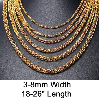 Collar de cadena de trigo con cuerda torcida para hombre de acero inoxidable negro, dorado, plateado de 3 a 8 mm y 16 a 26 pulgadas